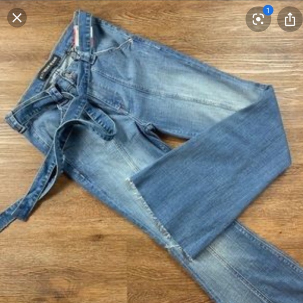 Express flare leg belted raw hem jeans